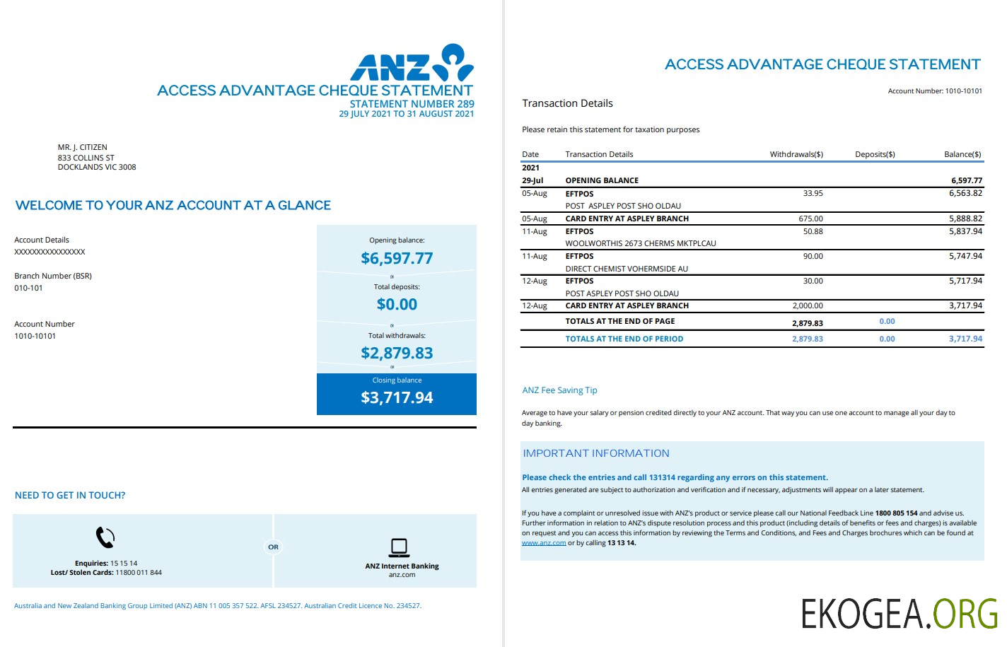 Modèle de relevé bancaire de justificatif de domicile Australie ANZ au format .xls et .pdf, 2 pages